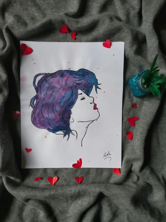 a drawing of a woman with purple hair, a watercolor painting, inspired by Itō Shinsui, pexels contest winner, crayon art, girl in love, 🤤 girl portrait, purple and red, portrait of a cute girl