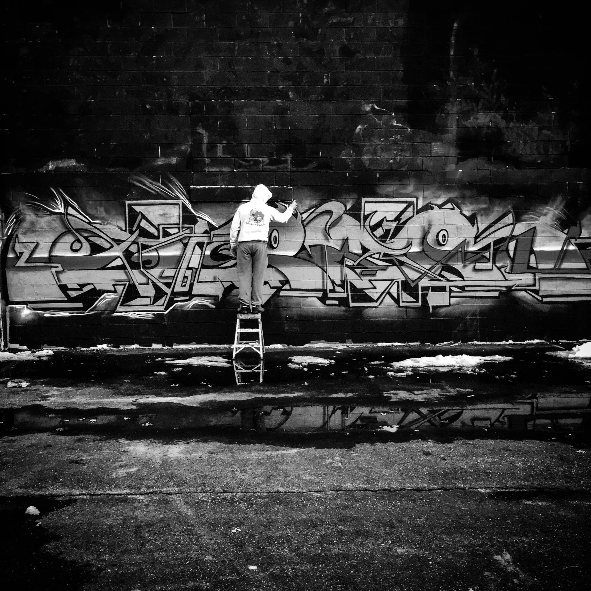 a man standing on a ladder in front of a graffiti covered wall, by Bascove, grayscale photography, instagram picture, nyc, ! low contrast!