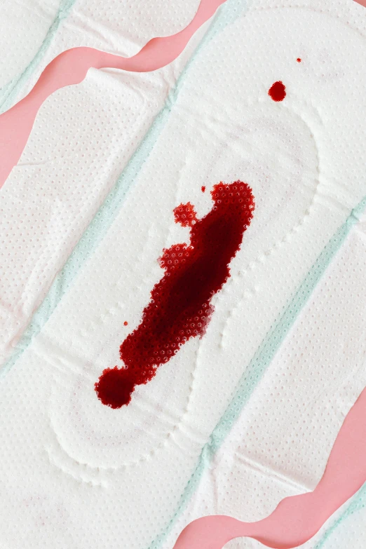 a close up of a piece of cloth with blood on it, on a pale background, detailed product image, detail shot, head down