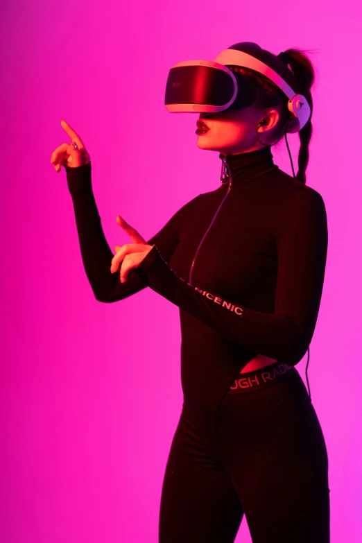 a woman wearing a virtual reality headset, a hologram, trending on pexels, laserpunk fullbodysuit, neon pink and black color scheme, fvckrender, taken in the late 2010s