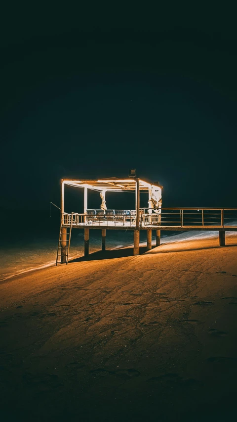 a wooden bench sitting on top of a sandy beach, by Sebastian Spreng, unsplash contest winner, lines of lights, pavilion, profile image, square