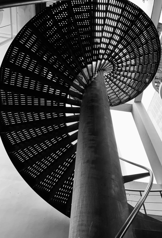 a black and white photo of a spiral staircase, inspired by Zha Shibiao, pexels contest winner, auckland sky tower, turbines, colours, hyperdetailed metalwork