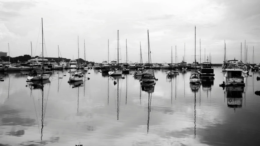 a number of boats in a body of water, a black and white photo, by Eva Gonzalès, pexels, water reflection!!!!!, sailboats, photographic print, manly