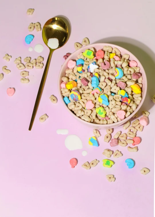 a bowl of cereal and a spoon on a table, unicorns, press shot, clover, hyperdetailed mix