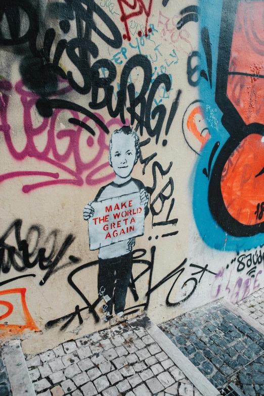 a man standing in front of a wall covered in graffiti, inspired by Banksy, trending on reddit, graffiti, kid a, header text”, portrait of benjamin netanyahu, marker”