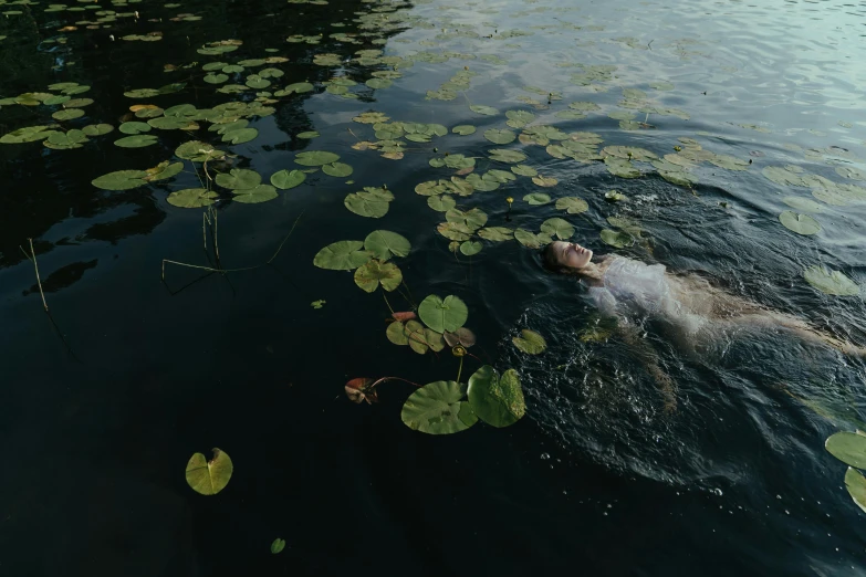 a person swimming in a body of water with lily pads, inspired by Elsa Bleda, unsplash, shot on hasselblad, farming, platypus, lying down
