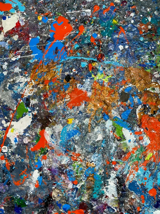 a close up of a painting with lots of paint on it, inspired by Pollock, unsplash, space debris, bird view, 2 0 2 0, 'untitled 9 '