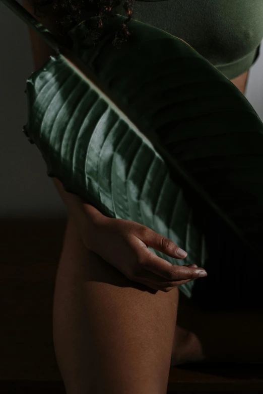 a close up of a person holding a banana leaf, inspired by Elsa Bleda, renaissance, exposed thighs, studio lit, sustainable materials, ebony skin