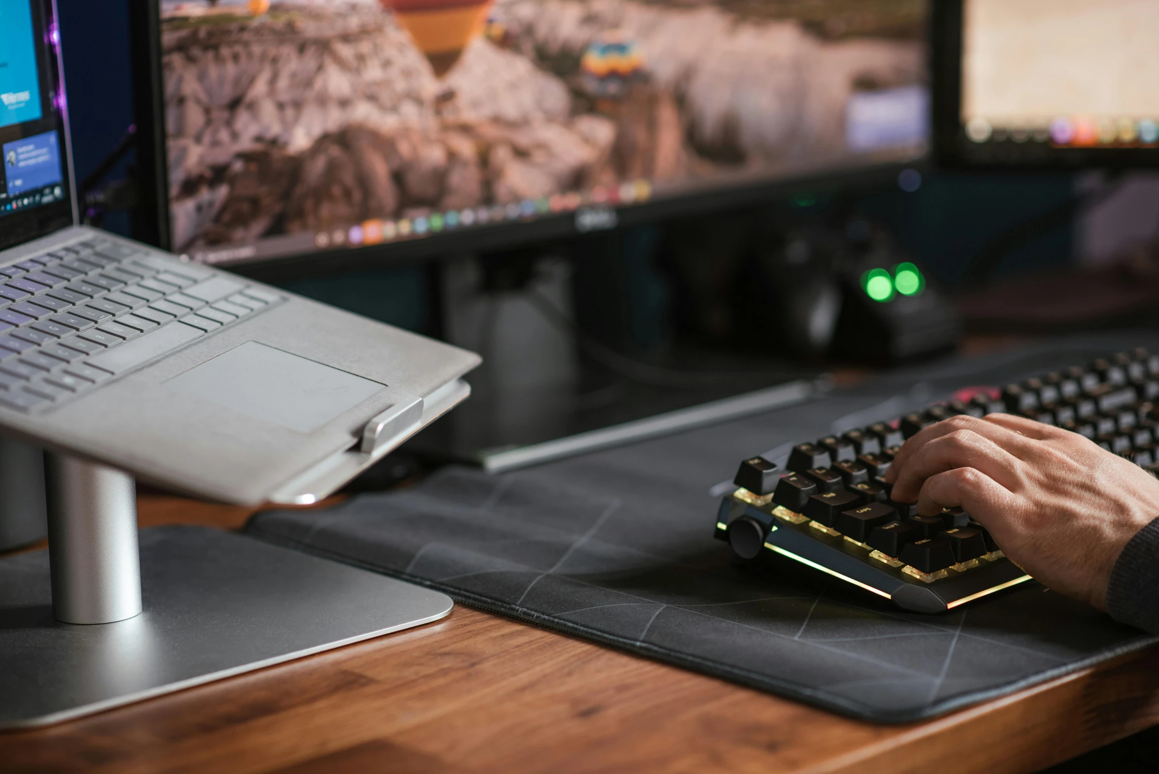 a close up of a person typing on a keyboard, unsplash, lawther sit at table playing dnd, plush leather pads, panorama shot, threyda