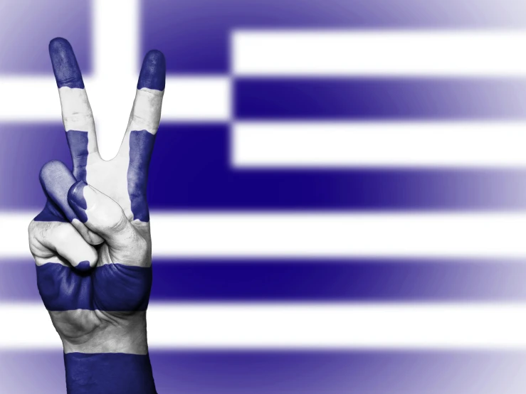 a hand with a peace sign painted on it, pixabay contest winner, neoism, greece, flag, square, a portrait of @hypnos_onc