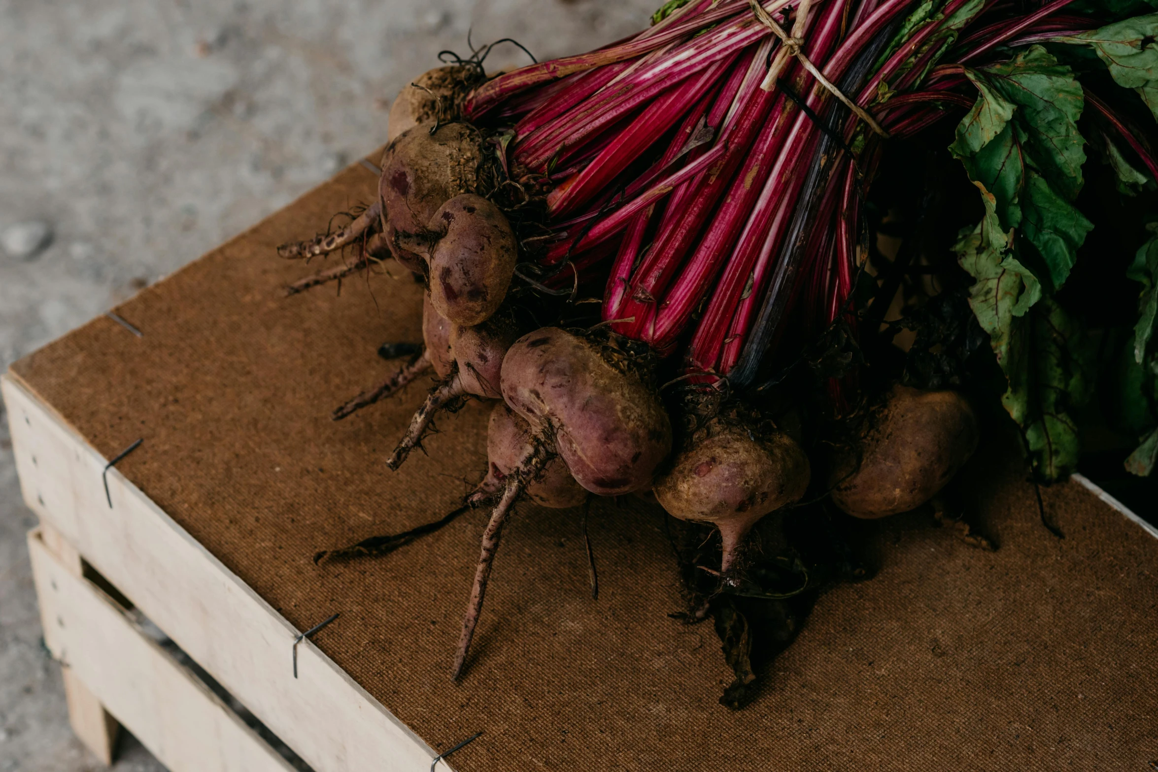 a pile of beets sitting on top of a wooden crate, unsplash, renaissance, on a pedestal, bespoke, close up image, thumbnail