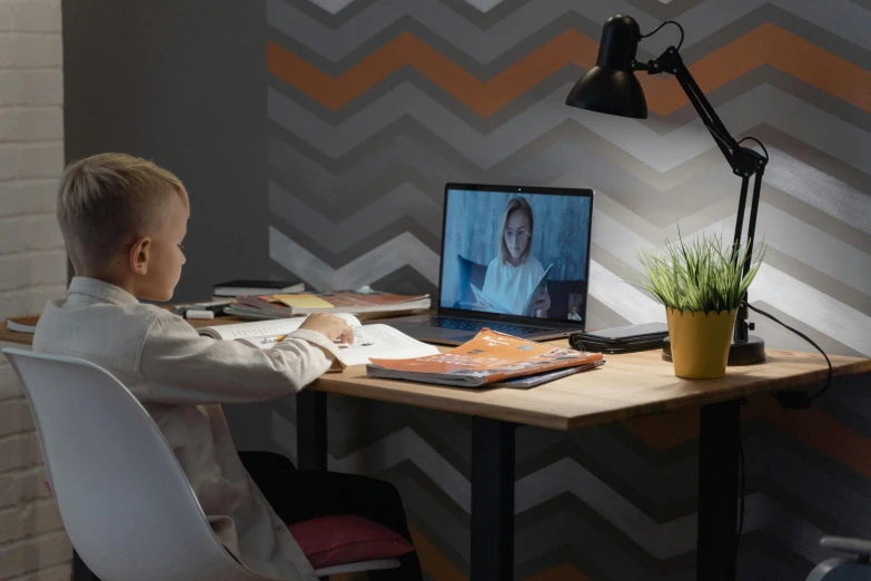 a young boy sitting at a desk in front of a laptop computer, inspired by Leo Leuppi, pexels contest winner, video art, lat lighting, lachlan bailey, long distance shot, tv still frame