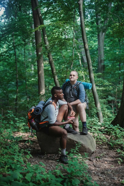 two men sitting on a rock in the woods, pexels contest winner, renaissance, with a backpack, lesbians, american astronaut in the forest, # oc