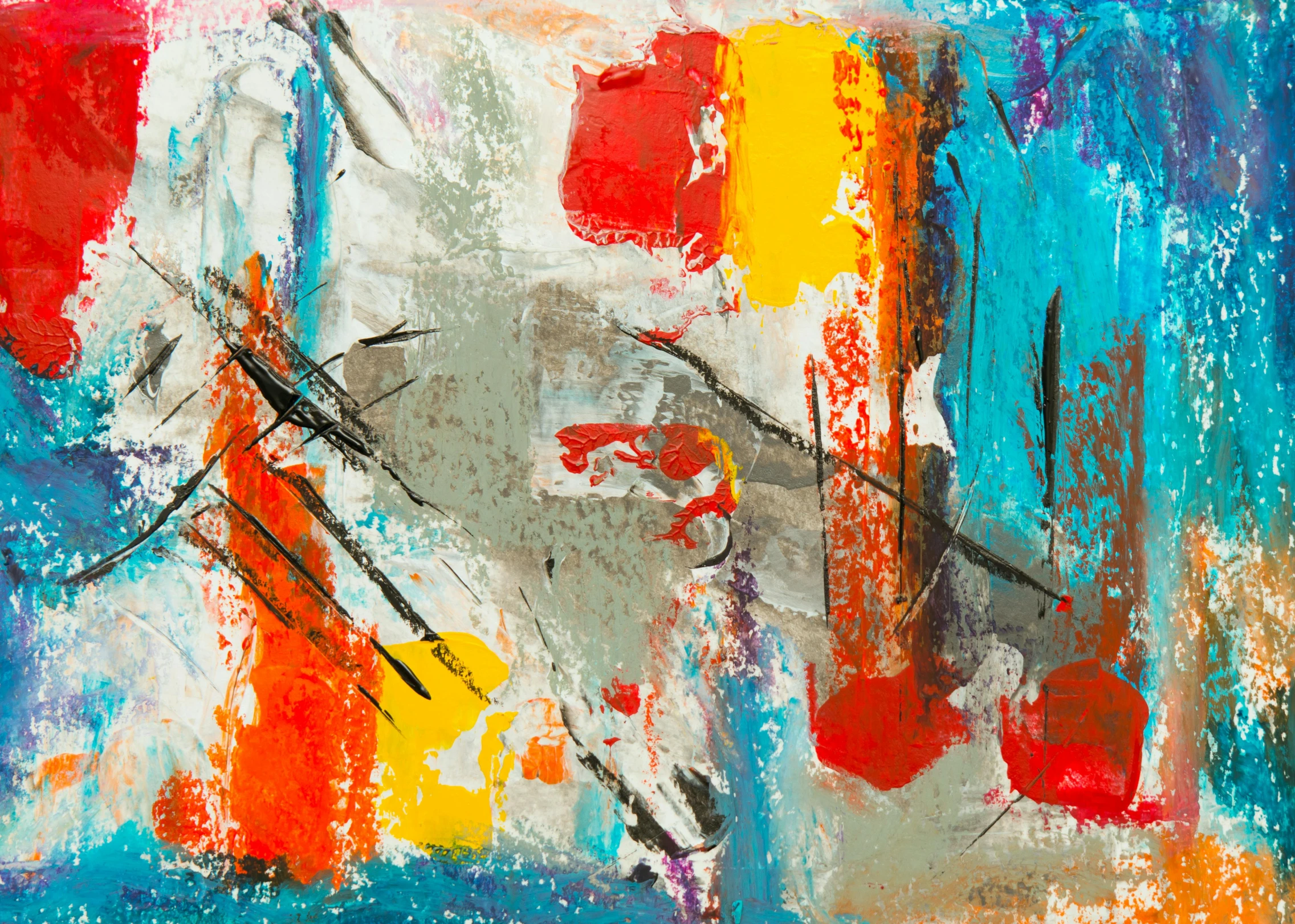 an abstract painting with red, yellow and blue colors, inspired by Peter Lanyon, trending on pixabay, turquoise and orange, grungy; colorful, on a gray background, dazzling lights