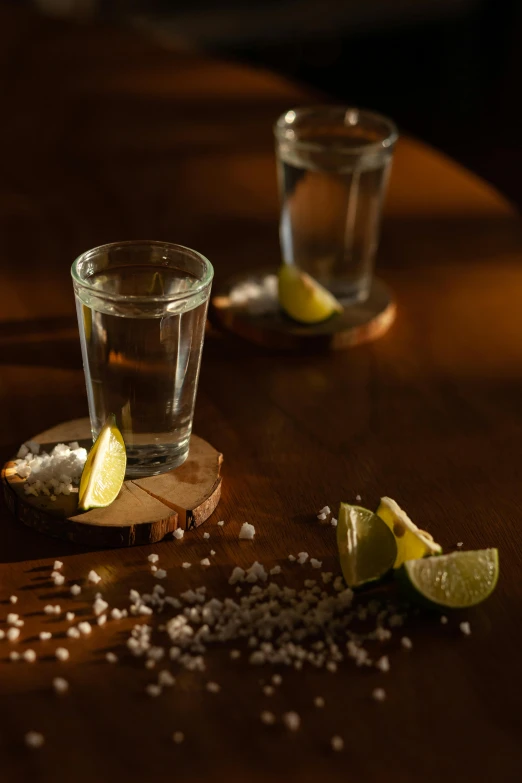 a couple of shot glasses sitting on top of a wooden table, golondrinas, crisp and clear, medium-shot, game ready