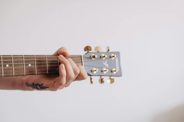 a person holding a guitar in their hand, by Gavin Hamilton, trending on pexels, on a pale background, background image, tattooed, acoustic guitar