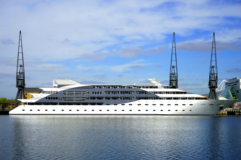 a large white boat in a body of water, a digital rendering, cg society contest winner, espoo, coronation, opulence, port