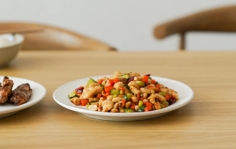 a close up of two plates of food on a table, a digital rendering, inspired by Michelangelo Buonarotti, unsplash, photorealism, beans, salad, multicoloured, with a white background