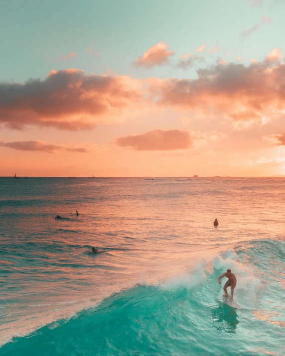 a man riding a wave on top of a surfboard, a picture, pexels contest winner, pink sunset hue, waikiki beach, people swimming, multiple stories