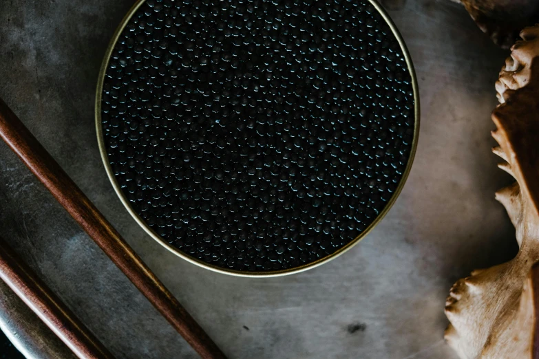 a bowl filled with black cavia next to chopsticks, a stipple, inspired by Kanō Hōgai, trending on pexels, kinetic pointillism, black pearls and golden gems, fish skin, copper and deep teal mood, close up shot of an amulet