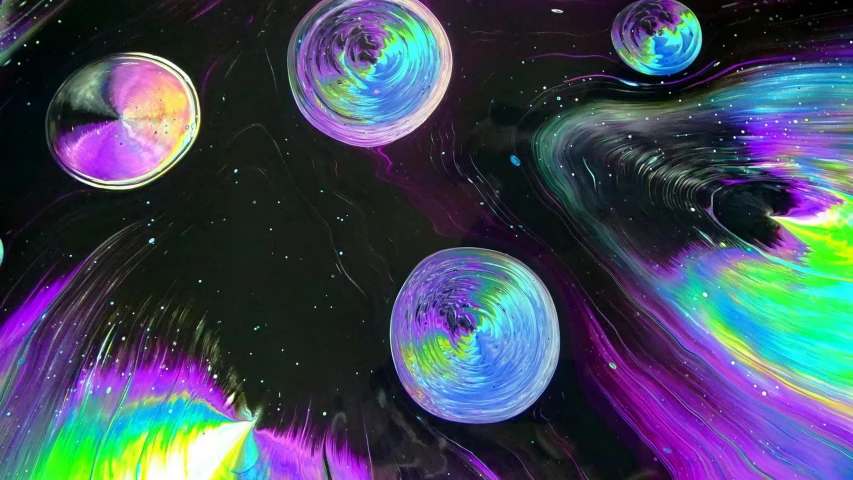 a bunch of bubbles that are in the air, a digital painting, trending on unsplash, space art, psychedelic black light, five planets, grainy footage, swirling fluid