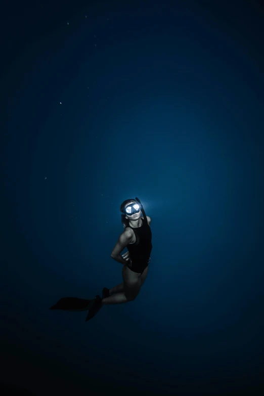 a person swimming in the ocean at night, a portrait, by Carey Morris, unsplash contest winner, scuba mask, mariana trench, taken in 2022, black and blue