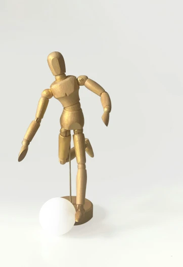 a wooden mannequin standing on a white surface, dribble, kinetic art, in-game 3d model, 3 d print, slightly golden, spherical