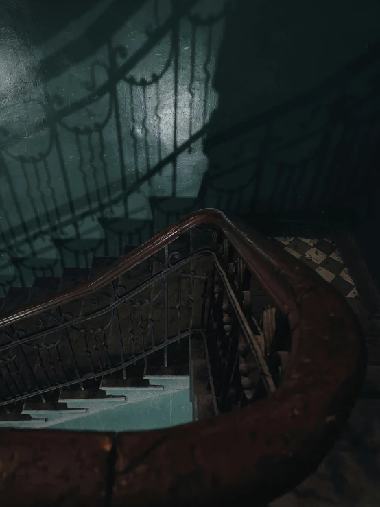 a close up of a staircase in a building, an album cover, inspired by maxim verehin, creepy liminal interior of re7, trending artstation, teal aesthetic, ( ( theatrical ) )