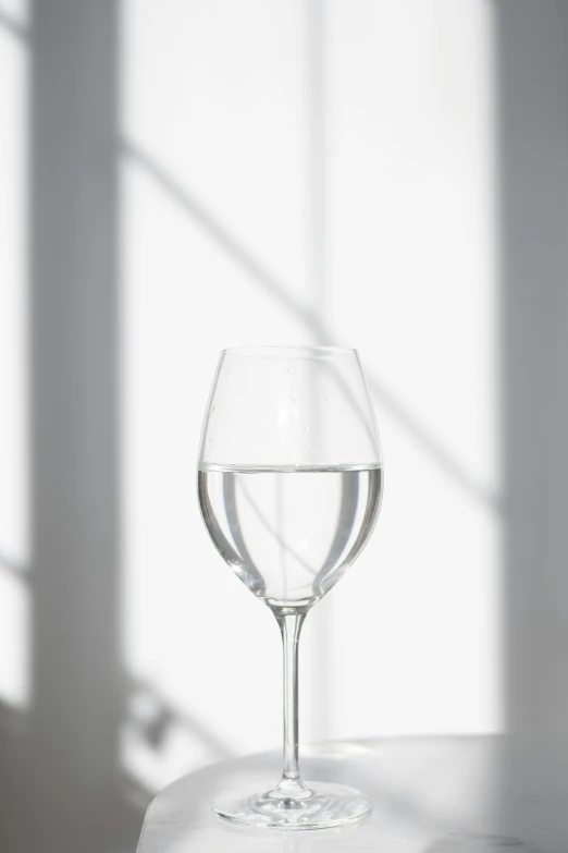 a glass of water sitting on top of a table, by Matija Jama, minimalism, wine, in a white room, light glare, 🍸🍋