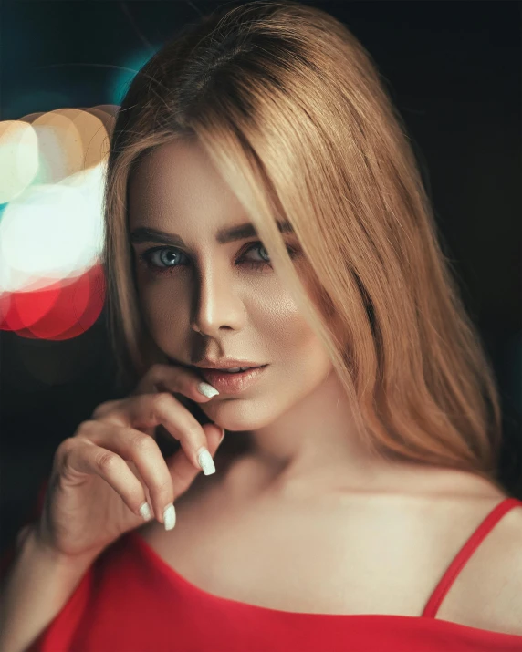 a woman in a red dress smoking a cigarette, a colorized photo, inspired by Elsa Bleda, trending on pexels, police lights shine on her face, blonde and attractive features, better known as amouranth, non binary model