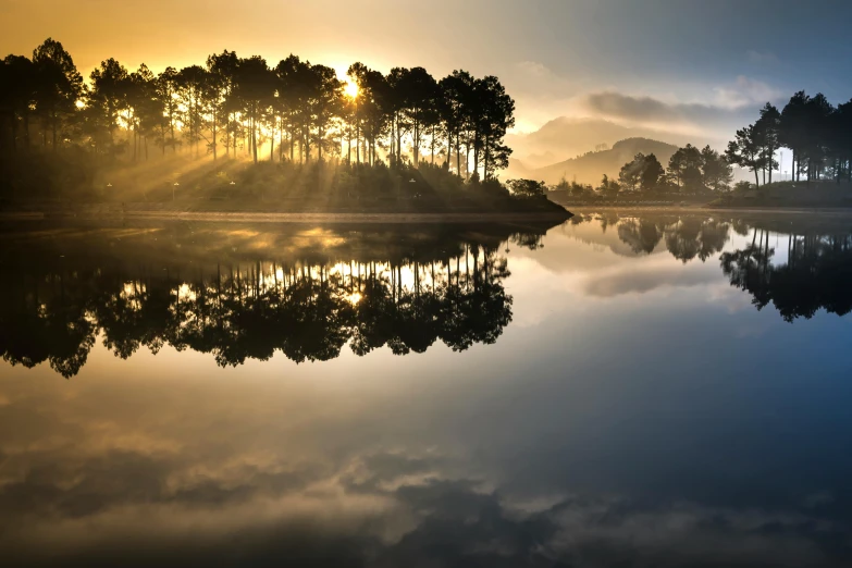 a large body of water surrounded by trees, inspired by Edwin Deakin, unsplash contest winner, romanticism, sunrise lighting, mirrored, scottish highlands, national geographic photo award