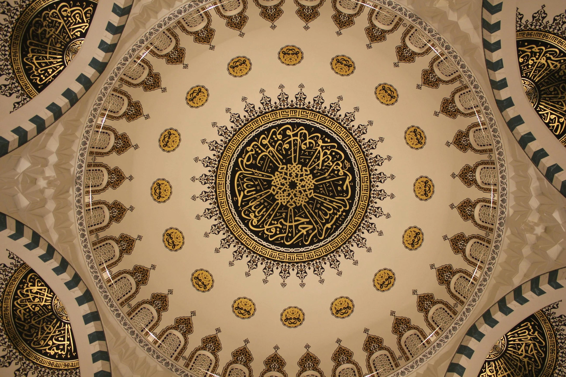 the ceiling of a building with intricate designs, a digital rendering, inspired by Abdullah Gërguri, trending on pixabay, hurufiyya, dome, beige, cotton, demur