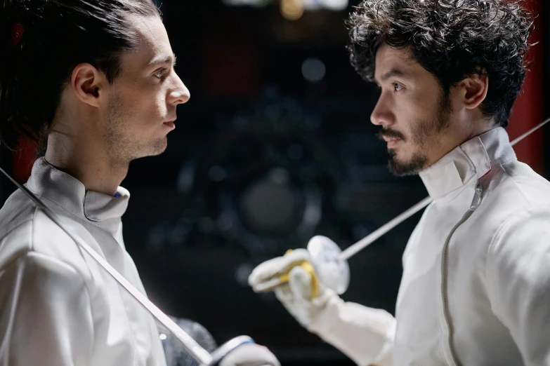 a couple of men standing next to each other, inspired by Alonso Vázquez, pexels contest winner, renaissance, fencing, wearing a lab coat, adam driver, plating