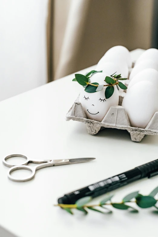 a white table topped with eggs and a pair of scissors, inspired by Eero Snellman, trending on pexels, auto-destructive art, cute and lovely, plants, he is happy, ornament crown