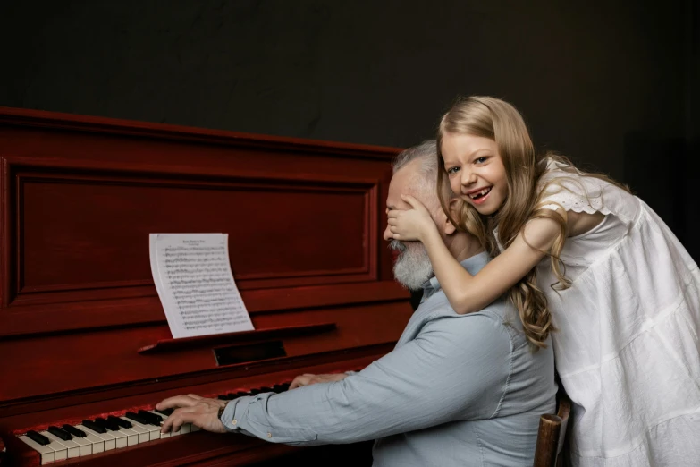 a little girl playing the piano with an older man, pexels contest winner, avatar image, old gigachad with grey beard, 8k)), a blond