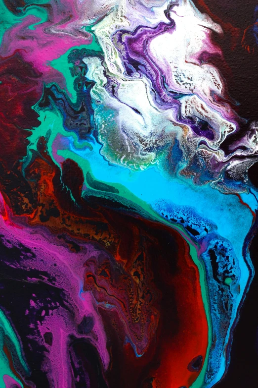 a close up of a painting on a black surface, by Leticia Gillett, trending on pexels, abstract art, colourful slime, erosion, galactic, cool colors