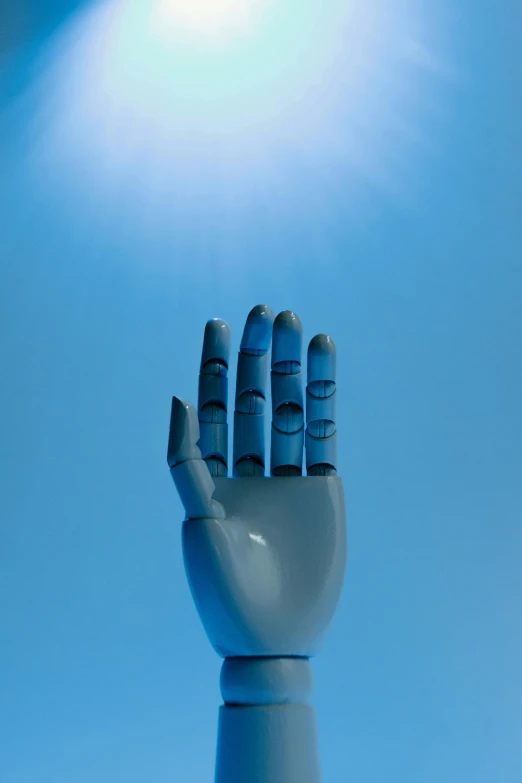 a robotic hand reaching up into the sky, by Ryan Pancoast, ((blue)), synthetic skin, sun lighting, blue and white