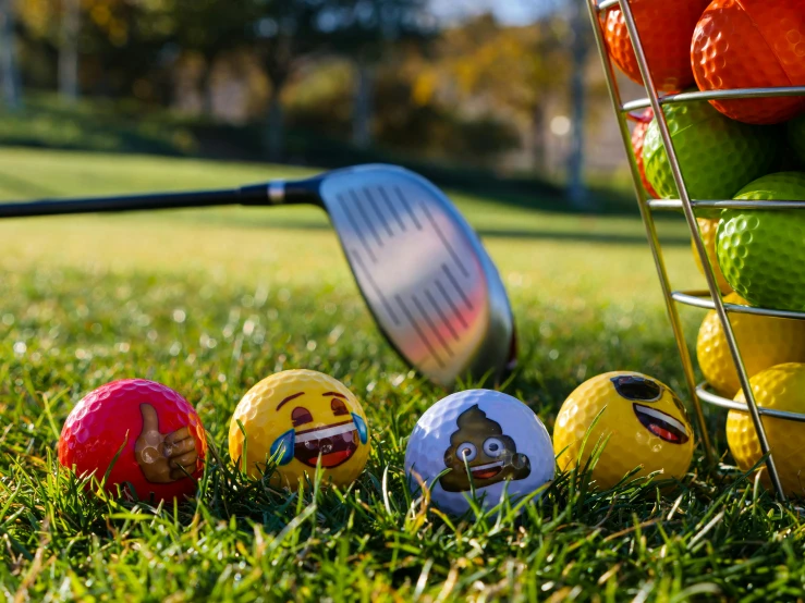 a basket full of golf balls next to a golf club, by Julia Pishtar, new emoji of biting your lip, eggs, fall guys, face shot