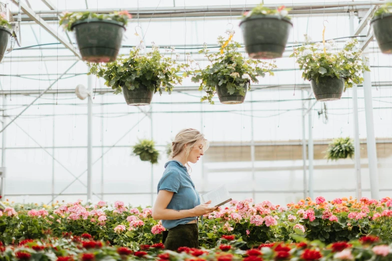 a woman standing in a greenhouse looking at a tablet, pexels, carrying flowers, multi-part, in rows, emily rajtkowski