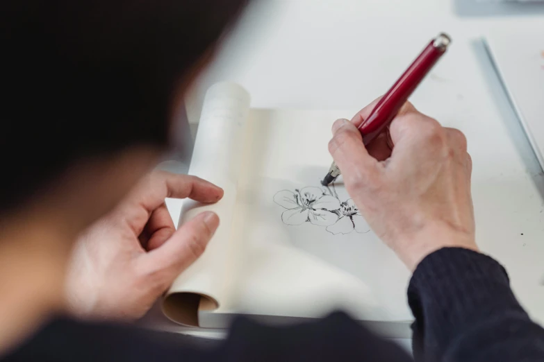 a person writing on a piece of paper with a pen, a drawing, inspired by Kikuchi Yōsai, trending on pexels, walt disney animation studios, kara walker, elegant drawing, technical drawings