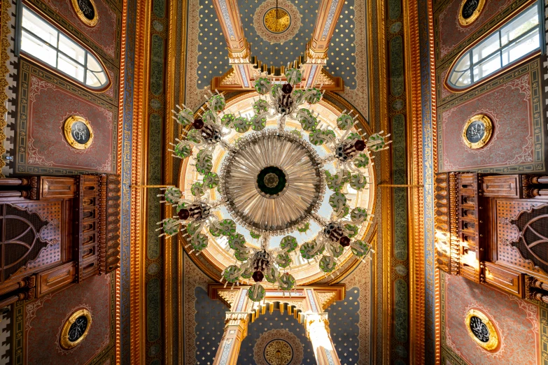 a chandelier hanging from the ceiling of a building, by Elias Goldberg, pexels contest winner, baroque, mosque synagogue interior, the grand temple of flowers, 2 5 6 x 2 5 6 pixels, fan favorite