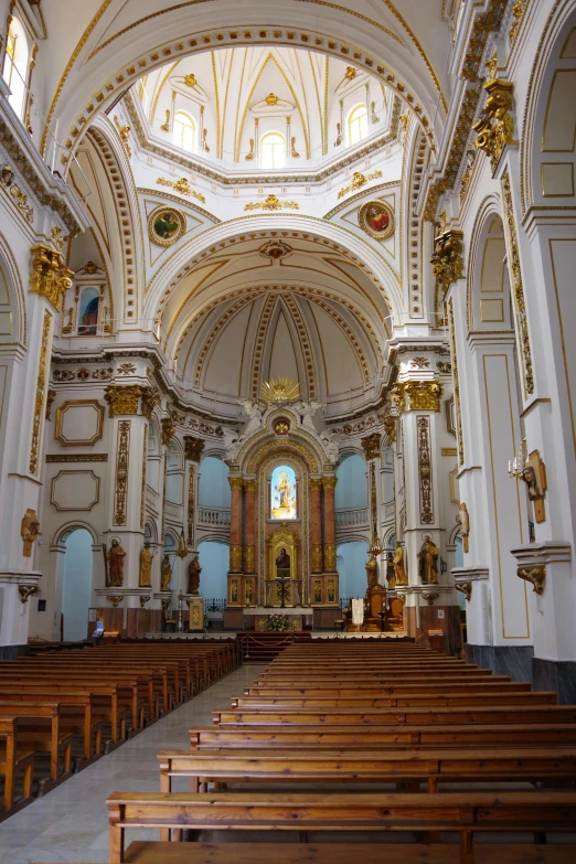 a church filled with lots of wooden pews, baroque, cyan and gold scheme, with great domes and arches, view from front, 2 5 6 x 2 5 6 pixels