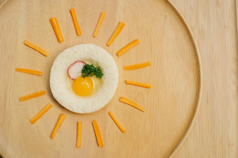 a wooden plate topped with cheese and an egg, a cartoon, inspired by Sun Long, trending on unsplash, holy light halo, bao phan, diffuse natural sun lights, archille superbi