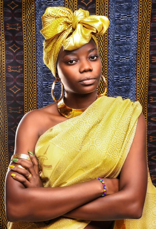 a woman in a yellow dress with a turban on her head, trending on pexels, afrofuturism, gold cloth, promotional image, wakanda, proud looking