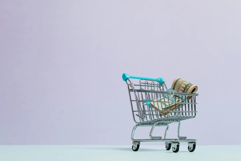 a shopping cart filled with money sitting on top of a table, pexels contest winner, hyperrealism, purple and blue colour palette, minimalist composition, stacking supermarket shelves, pastel clothing
