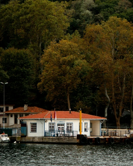 a couple of boats that are in the water, by Fikret Muallâ Saygı, pexels contest winner, danube school, restaurant, wes anderson style, autumnal, station