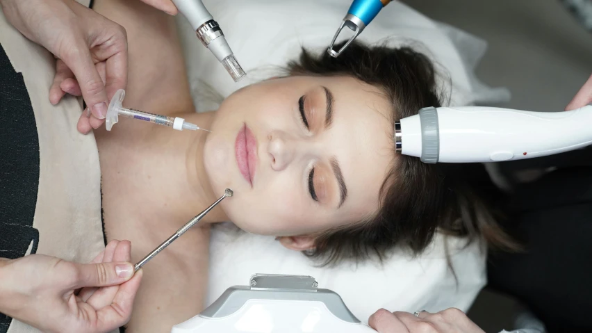 a woman getting an injection from a doctor, a photo, by Adam Marczyński, shutterstock, renaissance, body full glowing vacuum tubes, 3 heads, group photo, crown of white lasers