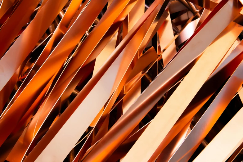 a bunch of skis sitting next to each other, an abstract sculpture, inspired by Christo, unsplash, plasticien, copper veins, medium closeup, fronds, detailed product image