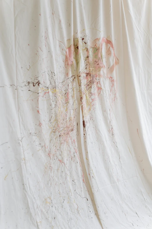 a red fire hydrant sitting on top of a white sheet, an ultrafine detailed painting, unsplash, gutai group, fully covered in drapes, blood stains on shirt, detail shot, 144x144 canvas