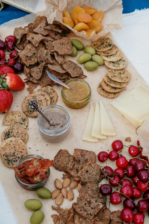 a close up of a plate of food on a table, cheeses, on a gray background, all around, dwell